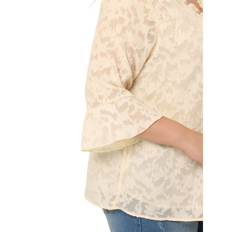 Agnes Orinda Women's Plus Size 3/4 Flare Sleeve V Neck Ruffle Lace Semi Sheer Button Down Shirts, 5 of 6