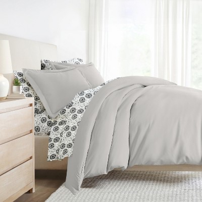 8PC Complete Bedding, Solid Duvet Cover, White Comforter and Patterned Sheet Set - Becky Cameron