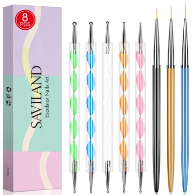 Saviland Pro Dot & Line Master Kit - 8PC Dual-Tip Dotting Stylus & Liner Brush Set for Gel Art Precision Craft. (Size: 8 Count)