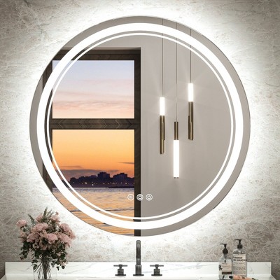 Keonjinn LED Round Bathroom Vanity Wall Mirror, 3 Color Temperatures Dimmable