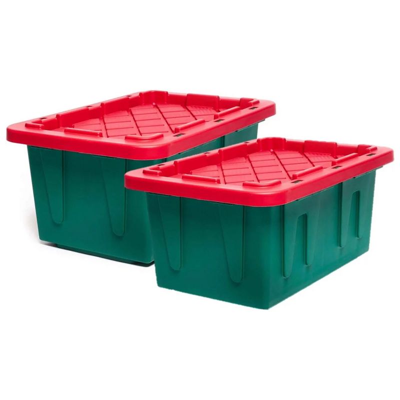 HOMZ 4415MXDC.02 Durabilt 15 Gallon Heavy Duty Impact Resistant Stackable Holiday Storage Tote with Snap-Fit Lid, Green/Red (4 Pack), 5 of 7
