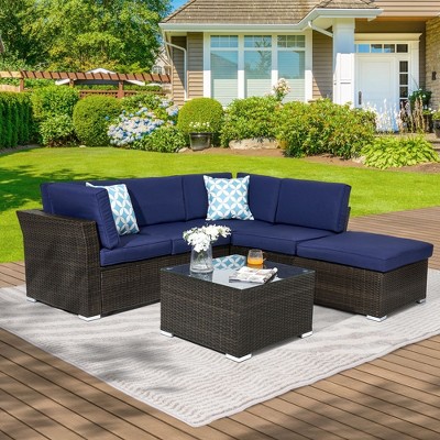 Sonkuki 4-Piece Patio Conversation Set with Ottoman and Tempered Glass Coffee Table