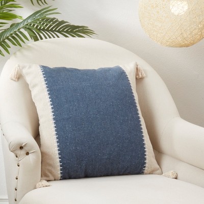 Navy Blue Whipstitch Banded Cotton Throw Pillow, 20"