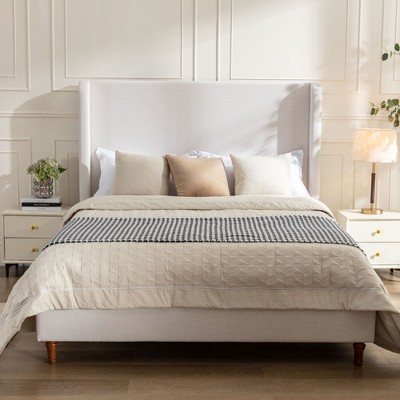 NicBex Queen/King Size Wingback Upholstered Platform Bed Frame with 54" Tall Headboard,No Box Spring Needed,Easy Assembly,Ivory