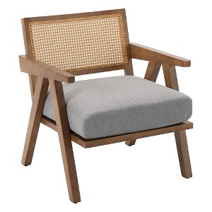 Mid-Century Farmhouse Accent Chair Wood Armchair with Rattan Backrest Linen Cushion Beige Easy Assembly for Living Room Bedroom - 1 of 4