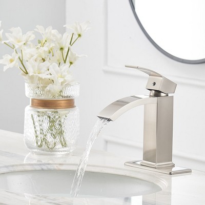 Brushed Nickel Single-Handle Waterfall Bathroom Faucet with Drain