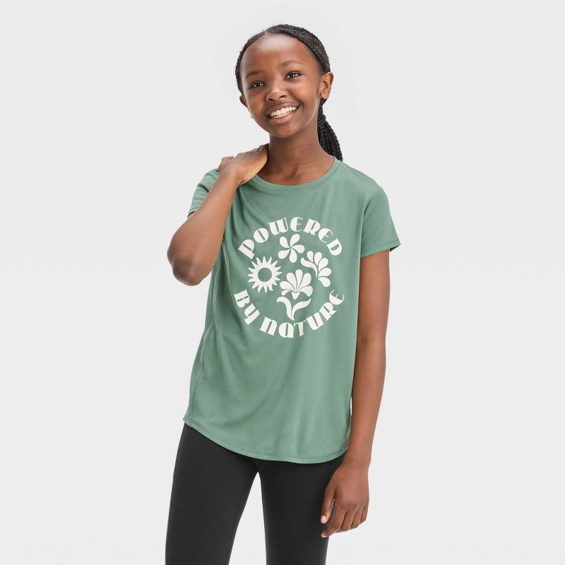 Girls&#39; Short Sleeve &#39;Powered By Nature&#39; Graphic T-Shirt - All In Motion™ Olive Green, 1 of 5