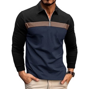 Men's Long Sleeve Polo Shirt Color Block Half Zip Blouse - 1 of 4
