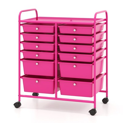 Tangkula Craft Organizers and Storage Cart - Rolling Cart with 12 Drawers Wheels Mobile Rolling Utility Cart Hot Pink