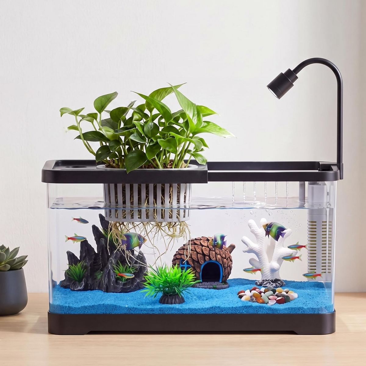 Small Plastic Fish Tank with Light & Filter, 8-Piece Kit, LED Light + Filter + Fish Net + Decor, for Desk Dorm Office