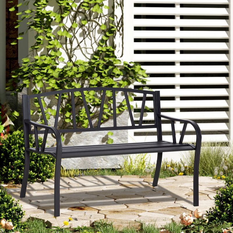 Outsunny Metal Garden Bench, Black Outdoor Bench for 2 People, Park-Style Patio Seating Decor with Armrests & Backrest, Black, 3 of 9