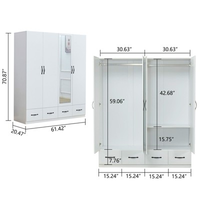 White Wood Armoire with Mirror, 4 Drawers, and Shelves