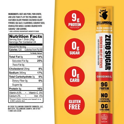 Tillamook Zero Sugar Original Individually Wrapped Meat Stick - 9g Protein - 1oz