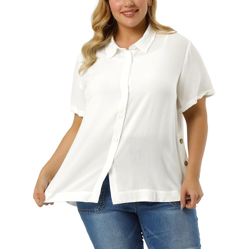 Agnes Orinda Women's Plus Size Relaxed Fit Semi-Sheer Button Front Side Slit Roll Up Sleeve Shirt, 2 of 7