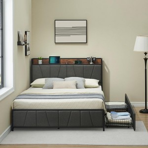 Twin Size Bed Frame with Built-in USB Charging Station & 2 Storage Drawers,Linen Upholstered Platform,No Box Spring Needed, Easy Assembly, - 1 of 4