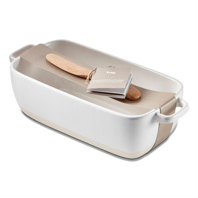 tagltd 5.2" x 11.3" White Stoneware Oblong Rectangle Loaf Bread Baker Dish w/ Handles & Beechwood Spreader, 2-Piece