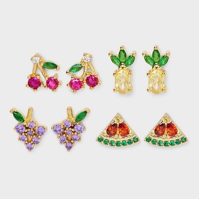 14K Gold Dipped Mini Fruit Icon Stud Earring Set 4pc - A New Day™ Gold