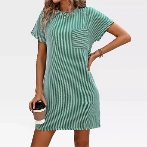 Womens Striped Summer T-Shirt Dress Lounge Pajamas Dress Casual Shirt Dresses Swing Flowy Tunic Fashion Loose Sundress with Faux Pockets - 1 of 4