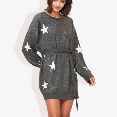 Anna-Kaci Women's Star Knit Pattern Long Dolman Sleeve Cuffed Belted Tunic Sweater Dress