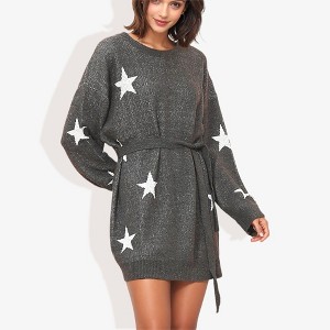 Anna-Kaci Women's Star Knit Pattern Long Dolman Sleeve Cuffed Belted Tunic Sweater Dress - 1 of 4