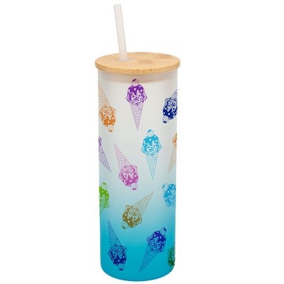 Elanze Designs Ice Cream Cone Treats Rainbow Wrap-Around Design 25 Ounce Frosted Gradient Glass On-The-Go Coffee Travel Skinny Tumbler Mug Cup, Bamboo