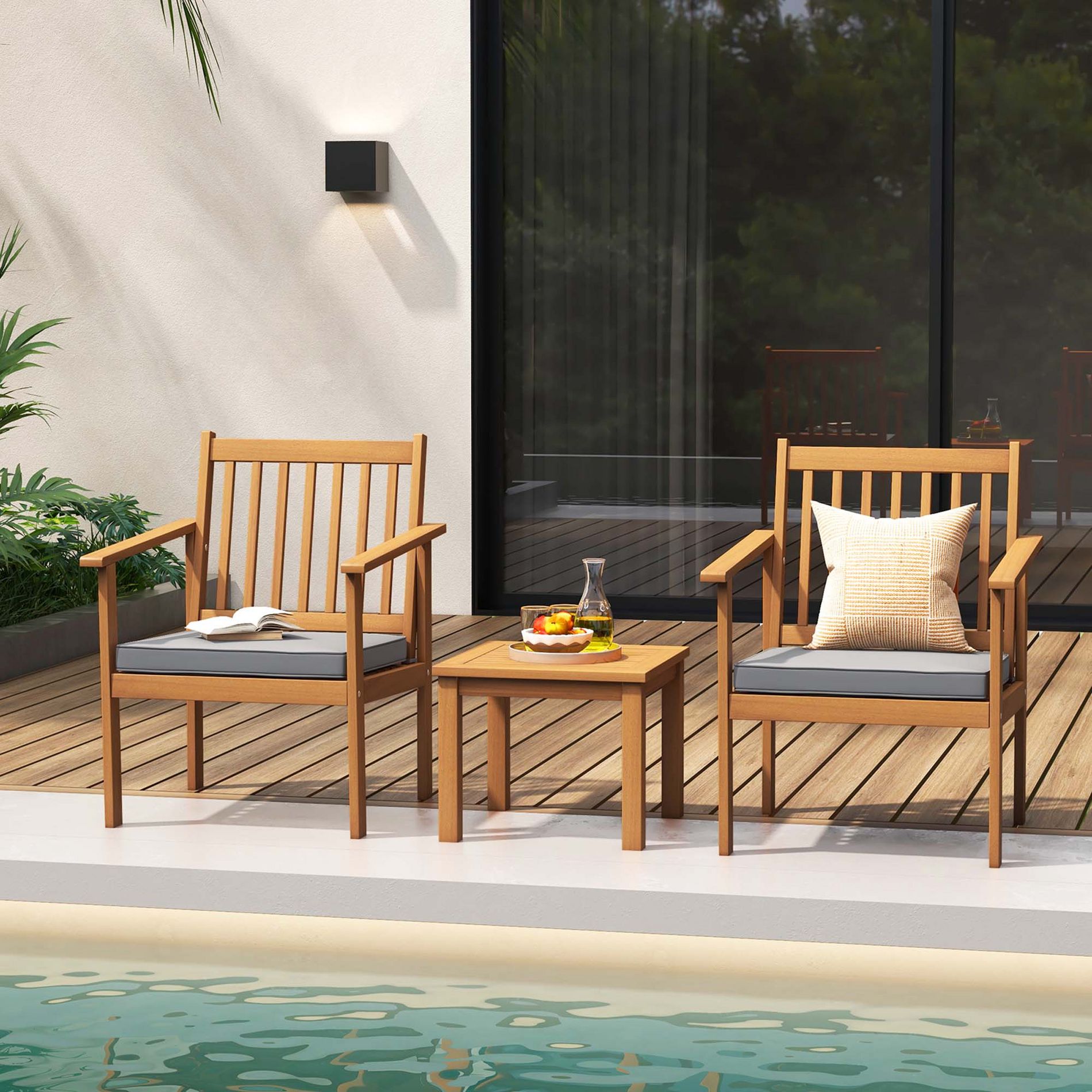 Costway 3 PCS Patio Wood Furniture Set Acacia Wood Chairs & Coffee Table with soft Cushions Grey
