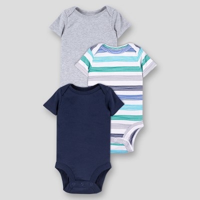 Image of Lamaze Baby Boys' Organic Cotton 3pk Striped and Solid Short Sleeve Bodysuit - Blue Newborn