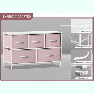 Pastel Pink 5-Drawer Fabric Storage Dresser with Steel Frame