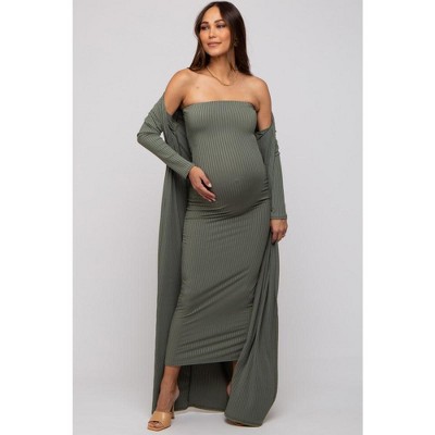 PinkBlush Olive Ribbed Sleeveless Dress Cardigan Maternity Set