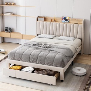 Upholstered Bed Frame with Storage Headboard and Charging Station, Platform Bed Frame with Drawers - 1 of 4