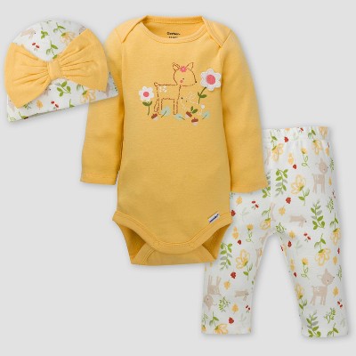 Image of Gerber Baby Girls' 3pc Floral Top and Bottom Set - Yellow/Off-White 3-6M
