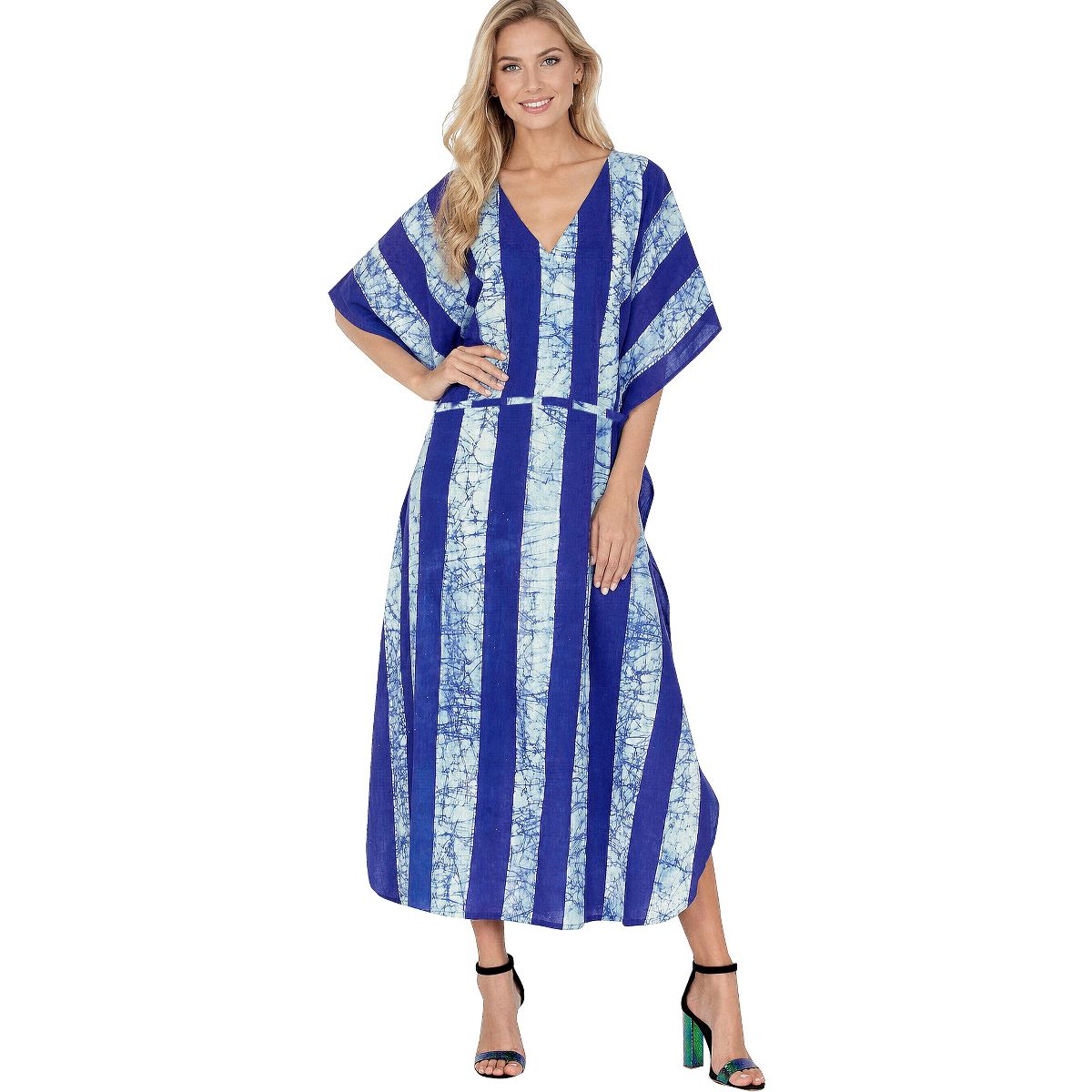 LA LEELA Summer Cotton Women Resort Caftan Dress Vacation Cruise Holiday Beach Lounge Wear Comfortable Outfit 2X-3X Blue Stripe
