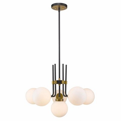 Elegant Olde Brass & Matte Black 6-Light Chandelier with Opal Shades