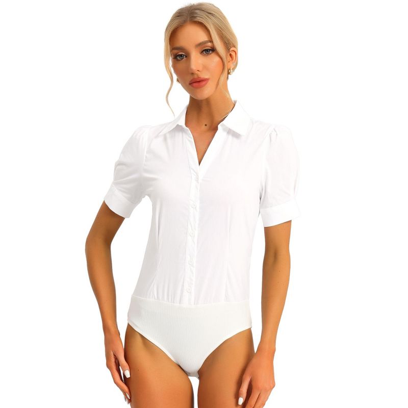 Allegra K Women's Office Button Down One-Piece Short Sleeve Bodysuit Work Shirt, 1 of 7