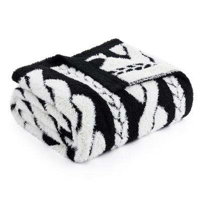 Amelie Home Reversible Plush Knit Throw Blanket - Soft & Cozy Feather Yarn Design, Heather Black for Sofa, Bed, and Living Room