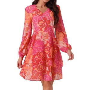 Seta T Women's V Neck Floral Long Sleeve High Waist Chiffon Ruffle Swing Skater Mini Dress - 1 of 4