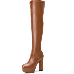 Perphy Women's Stone Pattern Platform Block Heels Over the Knee Boots - 1 of 3