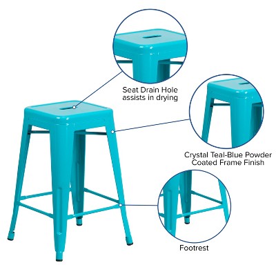 Crystal Teal-Blue 24" Stackable Metal Indoor-Outdoor Counter Stool