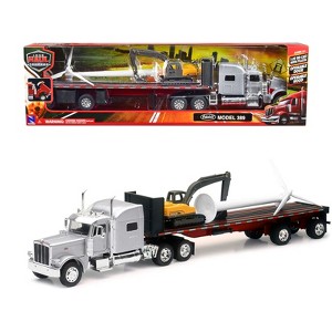 Peterbilt 389 Truck with Flatbed Trailer Silver Metallic with Excavator and Wind Turbine 1/32 Diecast Model by New Ray - 1 of 3