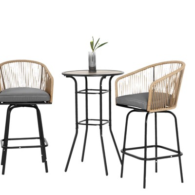 DSVIMOY 3PCS Outdoor Bar Set, Patio Bar Table and Chairs Set with 2 Swivel Bar Chairs , 1 Round Bar Table, Grey,  23.23"*17.32"*44.09"