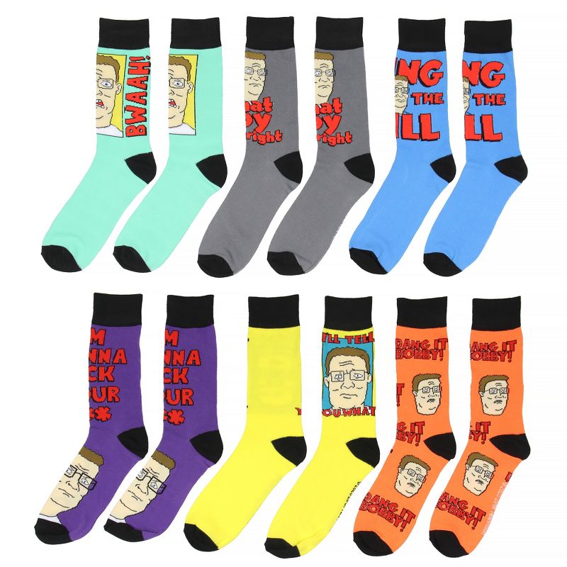 King Of The Hill Hank Hill Dang It Bobby! Crew Socks For Men 6 Pairs Multicoloured, 3 of 5