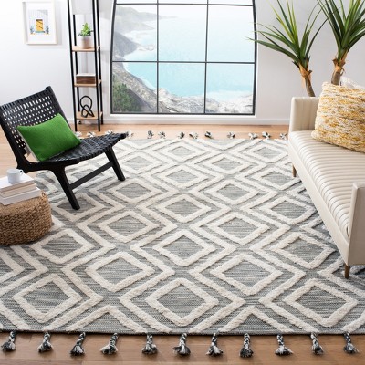 Ivory and Teal Geometric Hand-Knotted Wool Area Rug, 8' x 10'