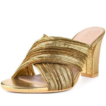 Perphy Women's Glitter Ankle Strap Chunky High Heels Sandals Gold 8.5 ...