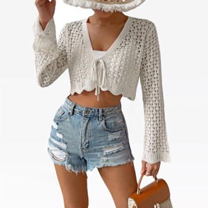 Cover Up Top for Bikni Swimsuits Bathing Suits Womens Cropped Beach Cover Up Tops Tie Front Crochet Cardigan  Long Sleeve Open Front Shrug - 1 of 4