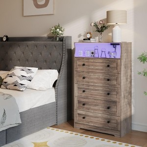 Coolmee Dresser for Bedroom, 47" Wide Chest of Drawers with LED Lights, Charging Station & 5 Smooth-Sliding Drawers, Modern Wood Storage Cabinet - 1 of 4