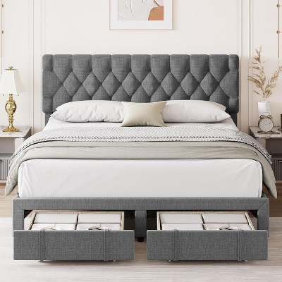 Homhougo Full Size Bed Frame, Upholstered Platform Bed Frame with Storage Drawers, Mattress Foundation with Solid Wooden Slats Support, Beige