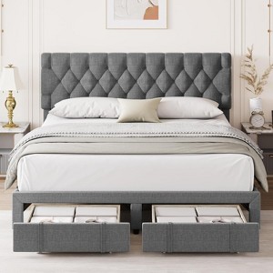 Homhougo Full Size Bed Frame, Upholstered Platform Bed Frame with Storage Drawers, Mattress Foundation with Solid Wooden Slats Support, Beige - 1 of 4