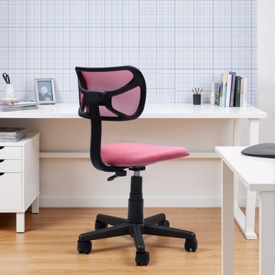 FurnituureR Desk Chair Low-Back, Mesh Study Task Chair Armless Ergonomic Swivel Adjustable Rolling Seating for Home Office Bedroom Study, Pink