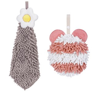 REGALWOVEN Soft Absorbent Cute Fuzzy Hanging Decorative Bathroom Chenille Hand Towel 6" x 15"/7" x 7" 2 Packs - 1 of 4