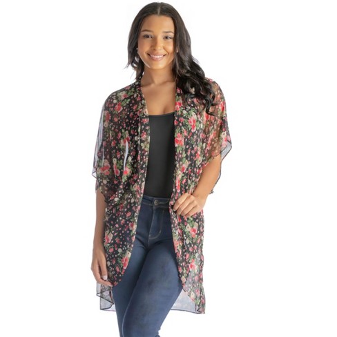 24seven Comfort Apparel Plus Size Black Floral Semi Transparent Cardigan Target